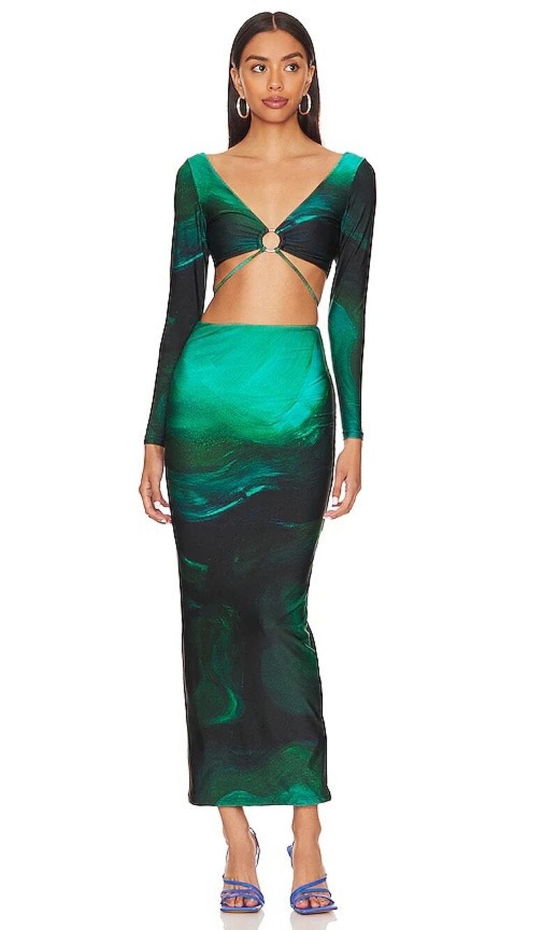 Farai London Olina skirt crop top set in turquenite green sz XS